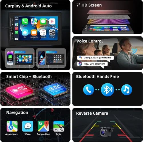 Vista 8 de Haudio Estéreo de auto de doble DIN de 7 pulgadas con Apple CarPlay/Android Auto, pantalla táctil HD con 2+32 GB, enlace espejo, cámara de respaldo