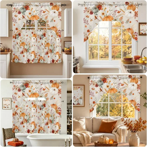 Vista 9 de Thanksgiving Fall Swag Kitchen Curtain Sets with Valance, Orange White Pumpkins 3 Pieces Curtain Drapes Rod Pocket for Bedroom Living Room Bathroom