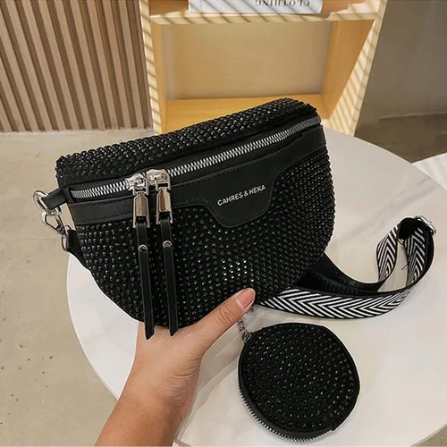 Vista 2 de RARITYUS Riñonera cruzada con diamantes de imitación brillantes para mujer, riñonera pequeña con cinturón, para fiesta o club, Negro, talla única