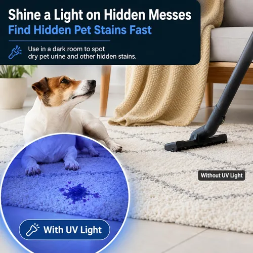 Vista 2 de Linterna UV recargable con cable de carga USB-C para detección de orina de mascotas, manchas ocultas, moneda estadounidense y extranjera