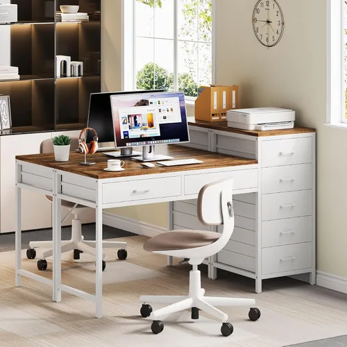 Vista 3 de Escritorio para computadora de 55 pulgadas con cajón reversible, marrón claro y blanco