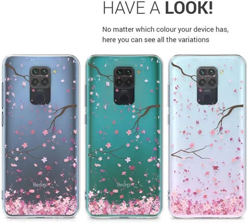 Vista 4 de kwmobile Funda transparente compatible con Xiaomi Redmi Note 9 - Funda para teléfono Funda de TPU suave - Flores de cerezo rosa/marrón