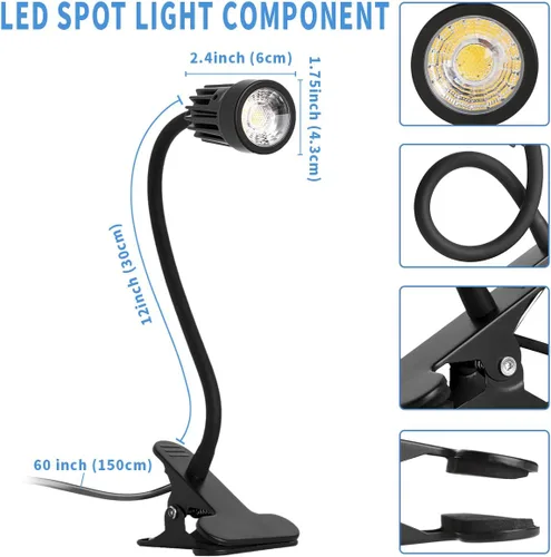 Vista 6 de Lámpara de escritorio con clip LED con abrazadera de 3 W, abrazadera de lámpara de noche de cuello de cisne flexible de 360°, iluminación