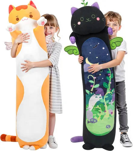 Vista 13 de Mewaii Peluche de gato largo, 5 tamaños, 120% relleno extra, almohada gigante para el cuerpo de los niños, lindo peluche Kawaii de ojos grandes