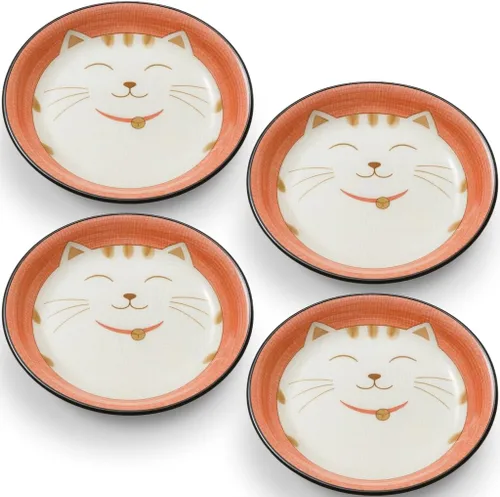 Vista 8 de JapanBargain 2566 - Juego de 2 platos de salsa japonesa de porcelana para aperitivo, postre y pastel con patrón de gato sonriente de la suerte