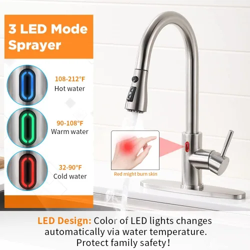 Vista 3 de OWOFAN Grifo de cocina sin contacto con rociador extraíble, luz LED, grifo de fregadero de cocina de una sola manija, sensor de movimiento, manos