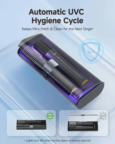 Vista 3 de Ikarao Micrófono inalámbrico con receptor de doble canal y estuche de almacenamiento autolimpiante UV, 2 micrófonos dinámicos de mano, batería de 20