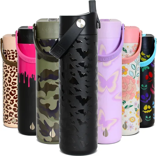 Vista 60 de Elemental Botella de agua aislada de 24 onzas con popote, botellas de agua con núcleo de acero inoxidable 100% a prueba de fugas para viajes, Beige
