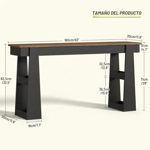 Vista 2 de Mesa consola de 63 pulgadas de largo para entrada, mesa de entrada de madera con estantes de 2 niveles, mesa de sofá grande detrás del sofá, mesa