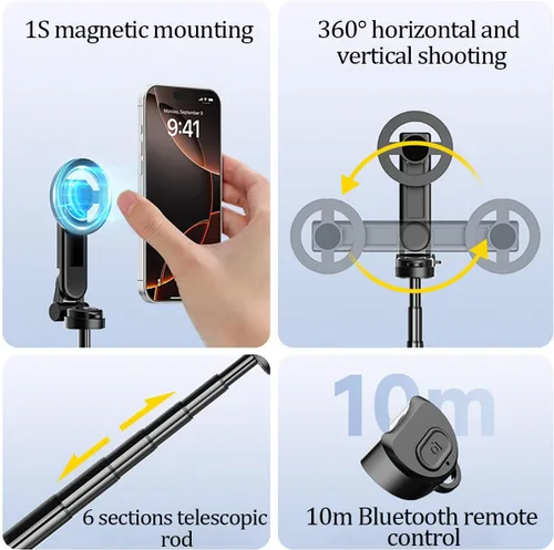 Vista 11 de Palo selfie magnético multifuncional 4 en 1 con rotación de 360°, mini trípode portátil extensible para teléfono con control remoto y anillo