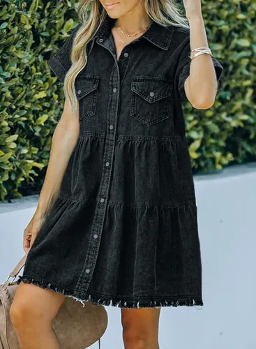 Vista 4 de Sidefeel Vestidos de mezclilla de manga corta con bolsillos deshilachados para mujer