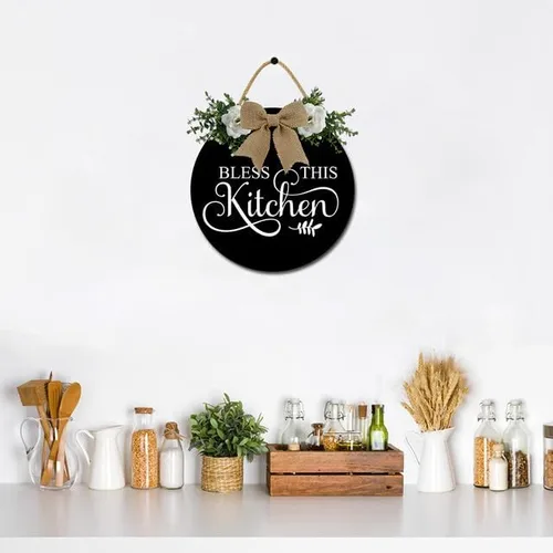 Vista 3 de Decoración de pared de cocina Bless This Kitchen Decoración de pared rústica de madera divertida para puerta de cocina para decoración de pared