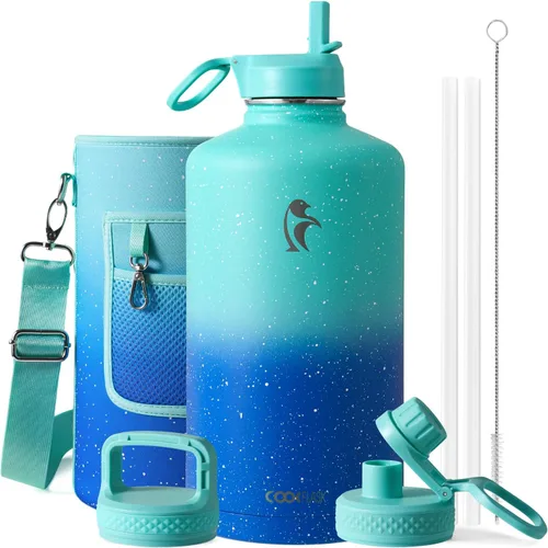 Vista 36 de Coolflask Botella de agua de 20 onzas aislada con pajilla, 3 tapas de metal de acero inoxidable, botella de agua de boca ancha para deportes u