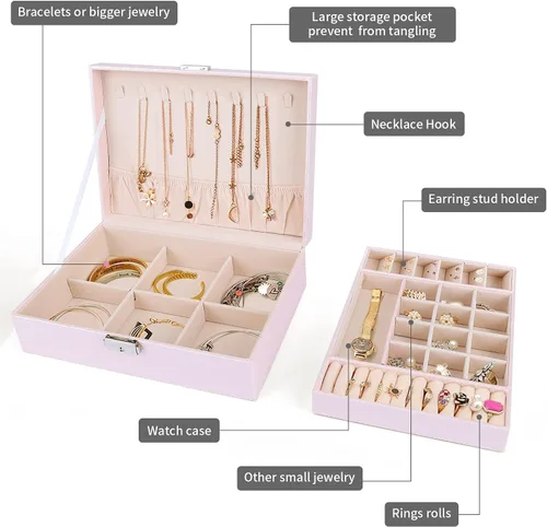 Vista 2 de Cajas de joyería para mujer caja organizadora grande de piel sintética caja de almacenamiento de joyas de 2 capas con cerradura caja de joyería rosa