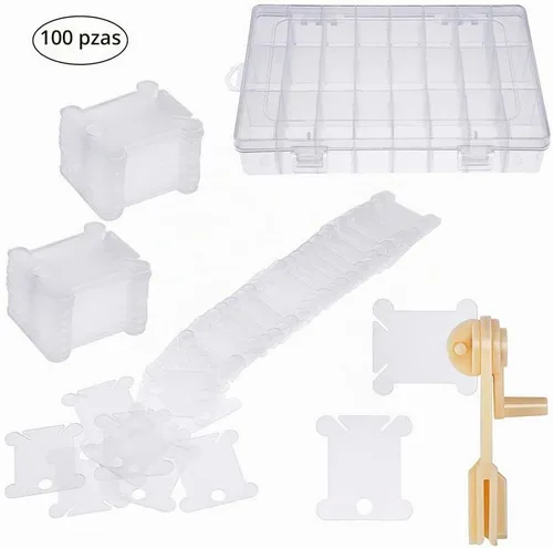 Vista 2 de Caja organizadora de hilo de bordar, herramientas con 100 bobinas de hilo de plástico, 1 bobinadora de bobina, 1 extraíble de 24 compartimentos