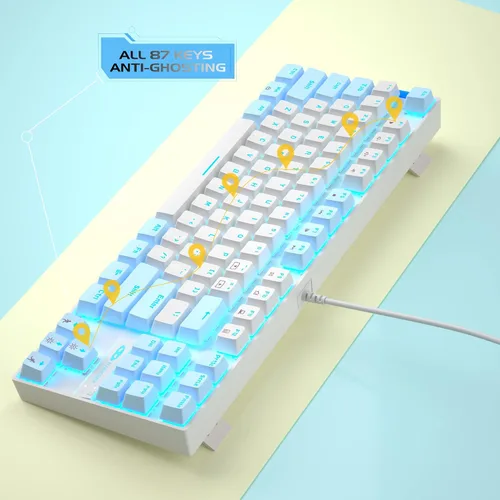 Vista 4 de MageGee Teclado mecánico para juegos al 75% con interruptor rojo, teclado retroiluminado azul LED, 87 teclas compacto TKL con cable para computadora