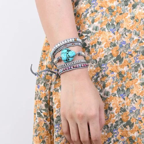 Vista 4 de Ygline Pulsera bohemia hecha a mano, con piedra de cristal, envolvente, de cuero, para mujer