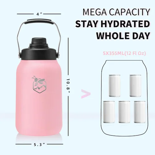 Vista 2 de Boulder Bee Botella de agua aislada Jarra de agua de medio galón con asa Acero inoxidable de 64 onzas con bolsa de transporte Doble vacío