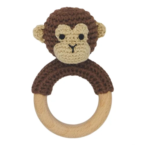 Vista 7 de Joliecraft Juguetes Sonajeros de Madera de Animales de Safari para Bebé, Sonajero de Ganchillo Relleno con Anillo Mordedor para Recién Nacido, Oso