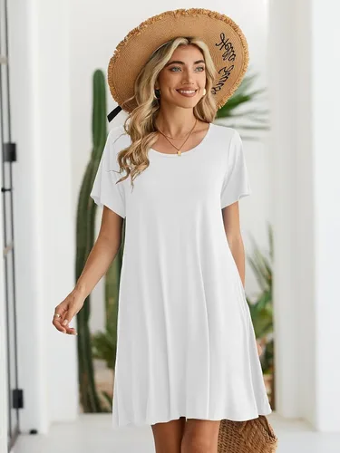 Vista 4 de BELAROI - Vestido informal de verano para mujer, vestido con vuelo de mangas cortas, estilo túnica