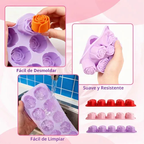 Vista 3 de 3PCS moldes de flores de silicona, molde de silicona de velas de chocolate rosa