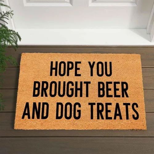 Vista 9 de Tapete divertido de fibra de coco con texto en inglés «Hope You Brought Beer and Dog Treats In» Tapete para puerta al aire libre con porche frontal