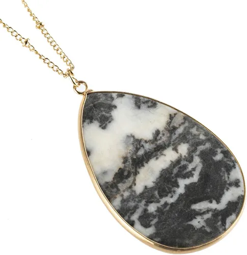 Vista 2 de RIAH FASHION Collar largo con colgante de piedra natural bohemia, dije bohemio en capas, lágrima, piedra ovalada en bruto, cuarzo mármol, Metal,