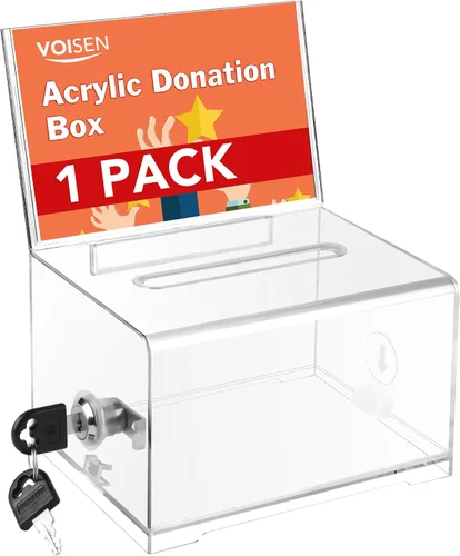 Vista 9 de VOISEN Caja de donación de acrílico con cerradura, frasco con punta negra y soporte para letrero, caja de sugerencias para recaudación de fondos