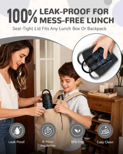 Vista 6 de Termo de sopa de 10 onzas para comida caliente para niños, tarro de comida aislado con cuchara boca ancha, recipiente de almuerzo de acero