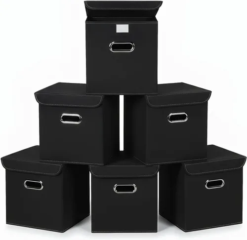 Vista 23 de Organizadores de Armario Contenedores de Almacenamiento de Tela Con Tapas Organizador de Cubo de Almacenamiento Plegable Cesta Con Asas, Cajas