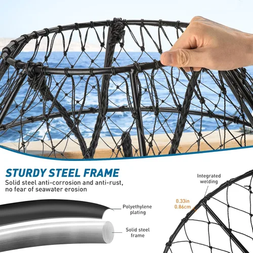 Vista 3 de QualyQualy Crab Ring Trap Hoop Net 1/2-Pack, Heavy Duty Saltwater Crab Nets for Crabbing Lobster, Dungeness and Blue Crabs, Folded Crab Cage Pots