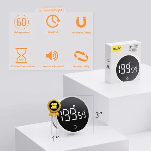 Vista 5 de Temporizador digital de cocina, temporizador visual magnético recargable con pantalla LED grande, volumen ajustable para aula, cocina, fitness