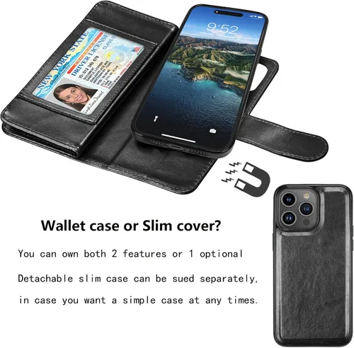 Vista 4 de Njjex Funda tipo cartera para iPhone 15 Plus de 6.7 pulgadas 2023, para iPhone 15 Plus, 9 ranuras para tarjetas, soporte de crédito de Negro