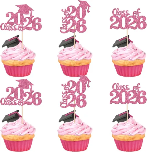 Vista 37 de 24 piezas 2026 temáticas de graduación 2026 decoraciones para cupcakes con purpurina clase de 2026 Diploma Congrats 2026 Tapa de graduación