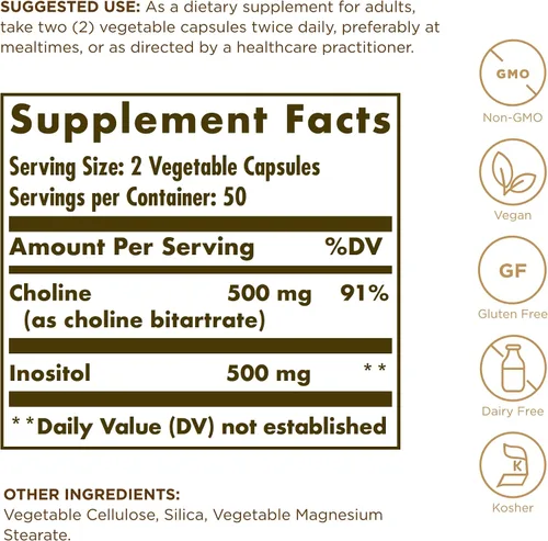 Vista 2 de Solgar Colina/Inositol 500 mg/500 mg, 100 cápsulas vegetales (paquete de 2) – Metabolismo energético, salud hepática, esencial para la función