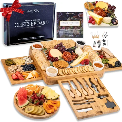 Vista 10 de Juego de tablas de charcutería – Tabla grande de queso de bambú y plato con accesorios de charcutería, regalos de inauguración de la casa