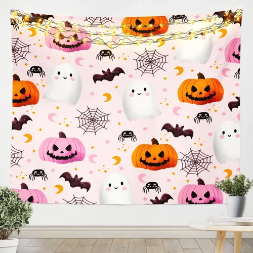 Vista 5 de Feelyou Halloween Wall Art for Bedroom Living Room Cartoon Ghost Tapestry Decoration for Kids Boys Girls Red Tapestry Wall Hanging Ghost Festival