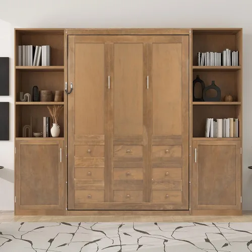 Vista 18 de Cama Murphy de Pared Tamaño Queen con Escritorio en Forma de L, Sofá de 2 Asientos y Luz, Marco de Cama Murphy Tradicional de Madera Maciza