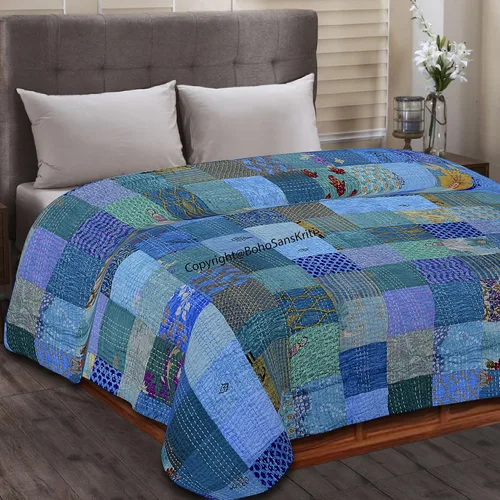 Vista 18 de Boho Sanskriti Colcha de seda india Kantha de retazos de seda tamaño Queen Twin Patola Colcha Negro