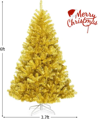Vista 3 de DREAMADE Árbol de Navidad de oropel dorado, pino artificial de 6 pies sin encender con 1036 ramas completas, soporte de metal, diseño con bisagras