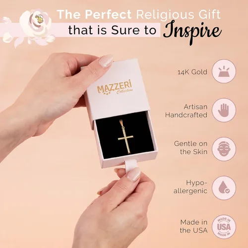 Vista 5 de MAZZERI Colgante de cruz de oro de 14 quilates, dijes religiosos de oro hipoalergénico para hombres y mujeres, hecho a mano en los Estados Unidos