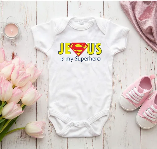 Vista 2 de TripleBDesigns Jesus is my Superhero Christian Baptism Religioso - Mameluco para bebé recién nacido