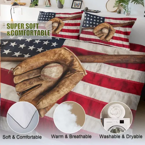 Vista 5 de Juego de ropa de cama de béisbol para niños, juego de edredón de bandera estadounidense con temática deportiva, tamaño individual, decoración
