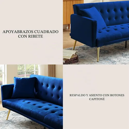 Vista 6 de Anwick Sofá Cama Futón de Terciopelo Moderno de 72", Sofá Cama Plegable Convertible con 3 Respaldos Ajustables, Sofá de Dos Plazas Reclinable Azul