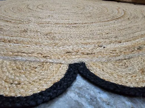 Vista 3 de Alfombra redonda natural de yute, alfombra de suelo con borde festoneado, trenzado, bohemio, ecológico, grande, circular hecha a mano, color negro