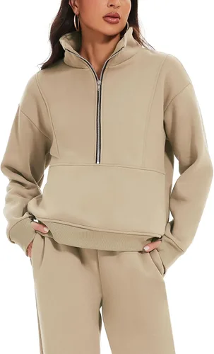 Vista 2 de PEHMEA Conjunto de 2 piezas para mujer, sudadera suelta con cuello vuelto y pantalones cortos con cordón