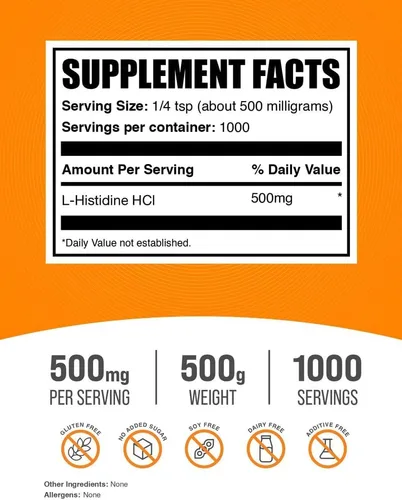 Vista 2 de BulkSupplements. com L-histidina HCl en polvo – Suplemento de L-histidina – aminoácido esencial, sin gluten, 500 mg por porción, 17.64 oz