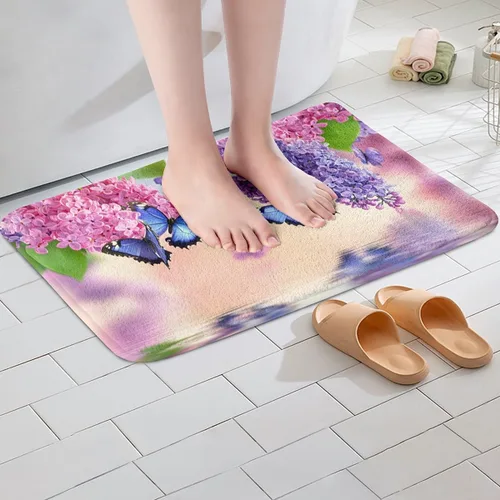 Vista 4 de Erosebridal Alfombras de baño de flores de 16 x 24 pulgadas, tapetes de baño de mariposa para baño, tapete de jardín natural con hojas florales