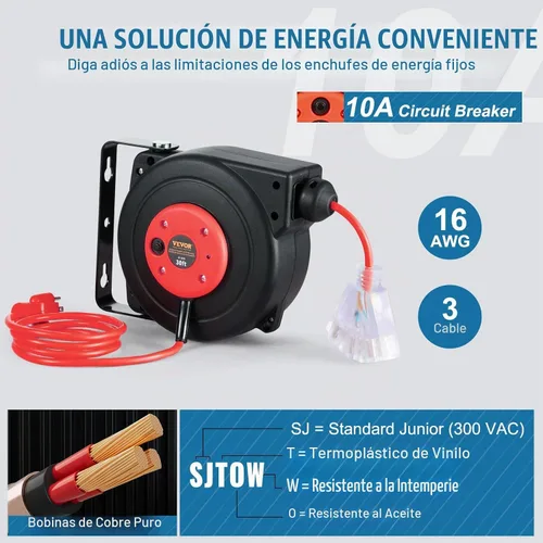 Vista 4 de VEVOR Carrete de cable de extensión retráctil, 30 pies, carrete de cable de alimentación retráctil resistente 16AWG/3C SJTOW con toma triple