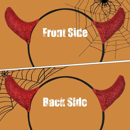 Vista 8 de LOMIMOS 2pcs Halloween Glitter Red Devil Horns Headband, Demon Hairband Costume Accessories for Kids Women Men Party Fancy Dress Cosplay Festival